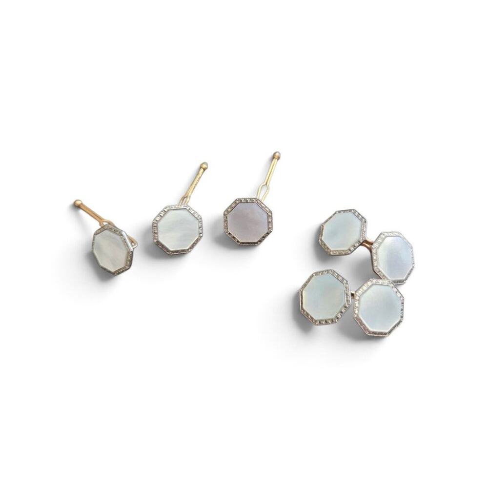 Vintage Krementz Art Deco Mother of Pearl Cufflinks & Shirt Studs Tux Dress Set
